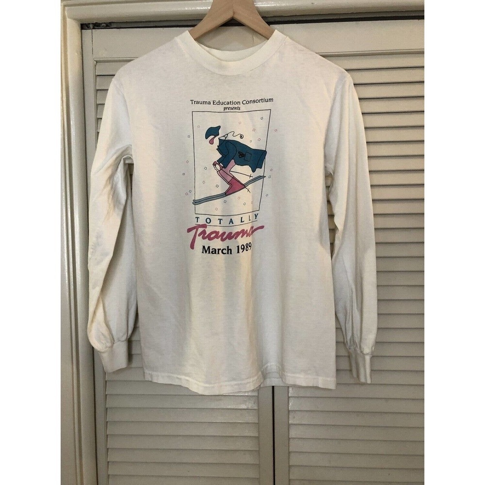 Vintage Hanes Beefy T White Long Sleeve Medium Trauma Education Late 80’s